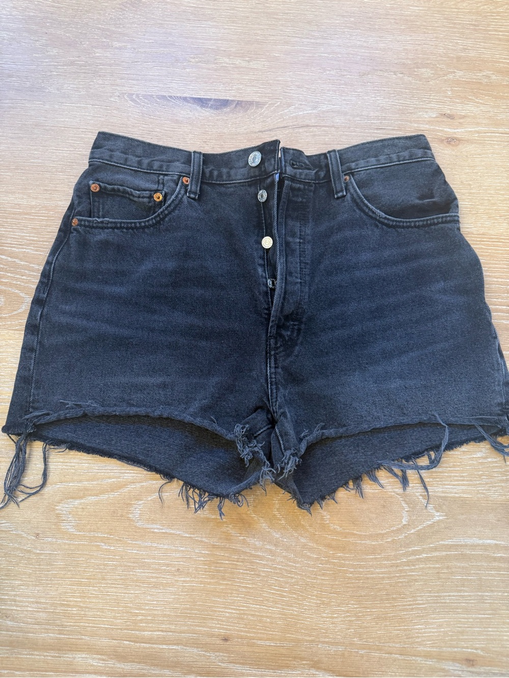 Re/Done Black High-Rise Cutoff Denim Shorts